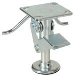 Close-up of a shiny metal adjustable foot resembling the Vestil Economical Floor Lock 6 X 8 X 7.5, featuring a square mounting plate with dual levers. It connects to a cylindrical support for stability with its round base.