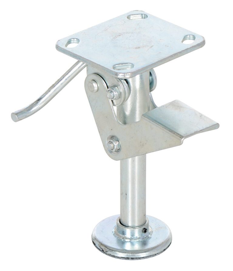 FL-8_A.jpg This metal furniture leg offers an adjustable mechanism with a square mounting plate and a lever for height adjustment, complete with a round base, ensuring robust support like the Vestil Economical Floor Lock 6.5 X 8 X 8.75 in.