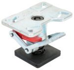 The Vestil Floor Lock Adj Height Extended 6.25 - 8 features an adjustable height of 6.25 to 8 inches, a square base with rubber for stability, a metallic leveling jack, and an adjustable top plate with triangular cutouts. A red lever on the side allows easy height adjustments.