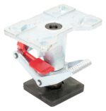 An adjustable leveling foot with a metallic square top and red lever, perfect for stabilizing machinery or furniture. Its black, textured base provides grip and is compatible with the Vestil Floor Lock, which adjusts from 8.25 to 11.5 inches in height.