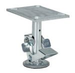 A metal swivel leveling mount with a square top plate, labeled OFF on its levers, adjusts height and balance for stability on uneven surfaces. Its versatile and often used with Vestil Floor Lock High Used With 6 In Caster.