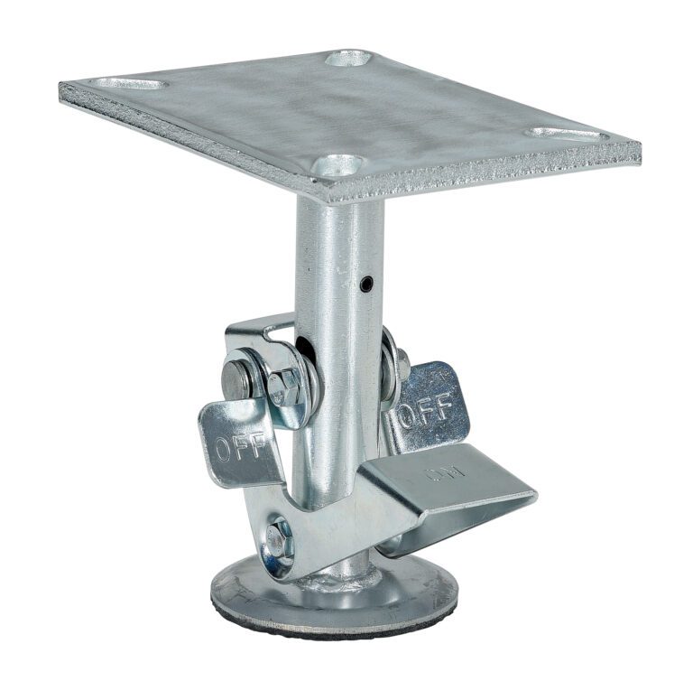 A metal swivel leveling mount with a square top plate, labeled OFF on its levers, adjusts height and balance for stability on uneven surfaces. Its versatile and often used with Vestil Floor Lock High Used With 6 In Caster.