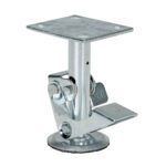This adjustable metal furniture leg features a square top plate, cylindrical body, round base, and an ON/OFF lever for height adjustment. Compatible with Vestil Floor Lock Mid used with 6 in casters, it boasts a sleek silver finish for a modern appearance.