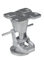 The Vestil Floor Lock 6-1/4 to 7-3/4 In Height features a silver metal design, a flat top plate with four mounting holes, two handles on the central cylindrical section for easy adjustment, and a sturdy round base.