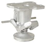 The Vestil Floor Lock 6-1/4 to 7-1/4 In Height features a silver finish, metallic swivel mount with spring mechanism, circular base, flat top with multiple bolt holes, and an adjustable angle lever.