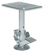 An adjustable metal support leg with a flat top plate and round base offers stability. Its lever marked ON and OFF shows adjustability, and the metallic finish is reminiscent of the Vestil Floor Lock High used with 8 in casters.