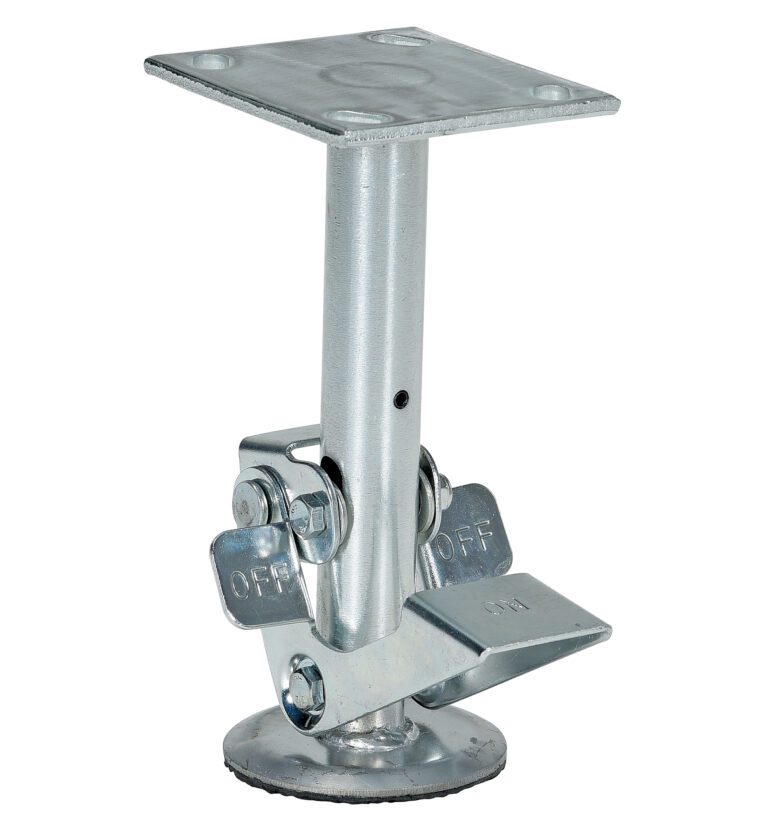 The Vestil Floor Lock Low, suitable for an 8-inch caster, features an adjustable metal leg with a square mounting plate, cylindrical shaft, and round base. The silver design includes a lever marked OFF on both sides for height adjustment.