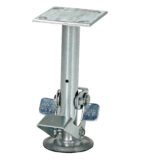 The Vestil Floor Lock Mid, featuring a square base and cylindrical shaft, is ideal for use with an 8 in caster. It offers stable support with its flat platform and height-adjustable levers marked OFF, ensuring reliability similar to the metallic adjustable support jack.