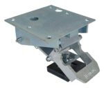 The Vestil Floor Lock, a metal leveling mount, features a square base and adjustable height from 3-3/4 to 4-9/16 inches. It includes multiple securing holes, a central pivot point, and a rubberized bottom for stability.
