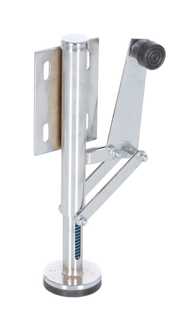 FL-LK-SMR-L_A.jpg The adjustable metal support stand features a circular base, vertical rod for stability, and an attached bracket. It includes a pivoting arm with a black wheel and is compatible with the Vestil Floor Lock Left Side Mount for enhanced security in various applications.