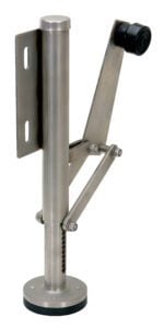 The Vestil Stainless Steel Floor Lock Left Mount features a silver metal design with a cylindrical body, adjustable arm mechanism, and rubber stopper. Its flat base supports left mount installation, and it includes two vertical slots on the side panel for added functionality.