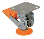 The metallic swivel mount has an orange rubber base, textured grip, and a flat top plate with four mounting holes. Its sleek design boasts a robust hinge mechanism for adaptability similar to the dependable Vestil Floor Lock Steel/Poly 5-5/8 To 6-3/4 In system.