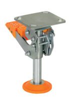 The Vestil Floor Lock Steel/Poly 8-5/16 to 9-7/16 In integrates smoothly into this metal motorcycle lift stand with an orange circular base, providing exceptional stability with its rectangular platform and adjustable lever mechanism for secure lifting.