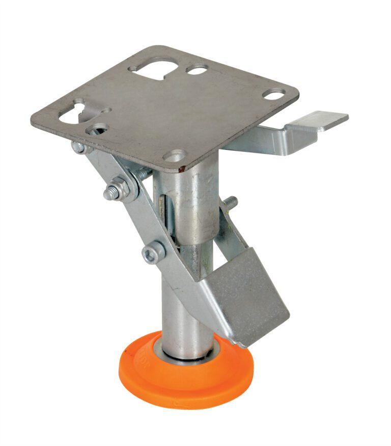 FL-LKL-4_A.jpg The metal adjustable furniture leg, with an orange rubber base and a square top mounting plate with multiple holes, features a hinged mechanism for height adjustment. This sturdy leg is as reliable and functional as the Vestil Floor Lock Steel/Poly 4-3/8 to 5-1/4 In in terms of durability.