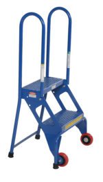 The blue Vestil Folding 2 Step Ladder With Wheels is versatile and features a safety handrail, black rubber feet on one side, red wheels for easy mobility on the other, and textured steps for optimal grip.