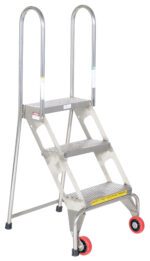 The Vestil Folding 3 Step Ladder W/Wheels Ss is a metal safety ladder with three wide steps and handrails marked Safety First in English and Spanish. It features two red front wheels for mobility and two rear supports for stability.