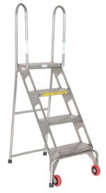 Introducing the Vestil Folding 4 Step Ladder W/Wheels Ss, designed with four steps, a safety handrail, red wheels for mobility, rubber-tipped legs for stability, non-slip surfaces on each step, and a Safety First label on the second step.