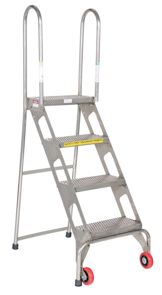 FLAD-4-SS_A.jpg Introducing the Vestil Folding 4 Step Ladder W/Wheels Ss, designed with four steps, a safety handrail, red wheels for mobility, rubber-tipped legs for stability, non-slip surfaces on each step, and a Safety First label on the second step.