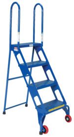 The Vestil Folding 4 Step Ladder With Wheels is durable and blue, with four perforated metal steps, two sturdy handrails, and easy-to-move red wheels. It includes a safety precautions label at the base for secure use.