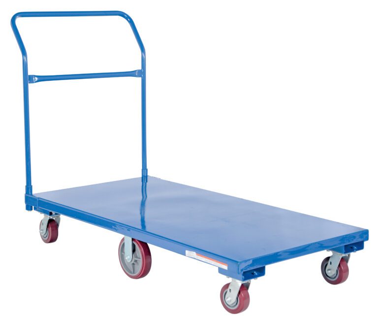 The Vestil Flat Bed Cart 2K 60 x 30 x 11.75 in features a sleek blue design with a sturdy handle and rolls smoothly on four red and gray wheels, making it ideal for efficiently transporting heavy loads.