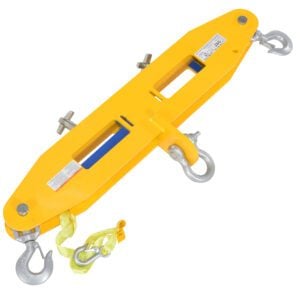 The yellow Vestil Forklift Lifting Beam 10K Capacity has two hooks with latches, two metal clasps, a warning label on top, and a prominent yellow strap hanging from one hook.