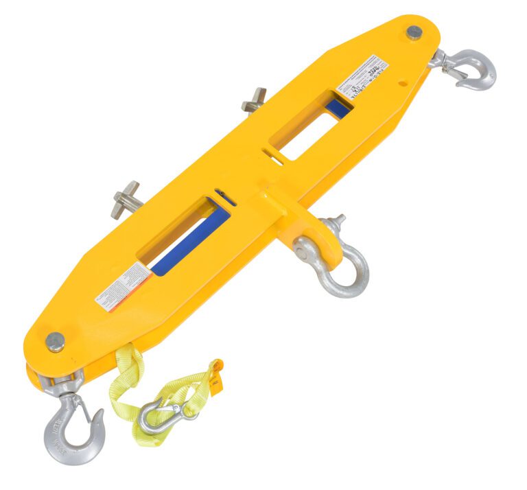 FLB-D-10_A.jpg The yellow Vestil Forklift Lifting Beam 10K Capacity has two hooks with latches, two metal clasps, a warning label on top, and a prominent yellow strap hanging from one hook.