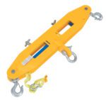 The Vestil Forklift Steel Lifting Beam, 4K Capacity, in vivid yellow, includes four metal hooks, a safety label, adjustable bolts, and a fabric strap for hoisting heavy loads. It features a central rectangular cutout for additional functionality.