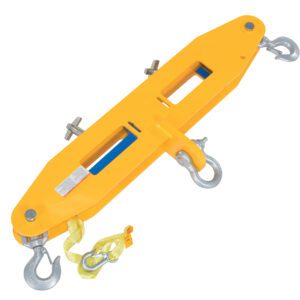The Vestil Forklift Steel Lifting Beam, 4K Capacity, in vivid yellow, includes four metal hooks, a safety label, adjustable bolts, and a fabric strap for hoisting heavy loads. It features a central rectangular cutout for additional functionality.