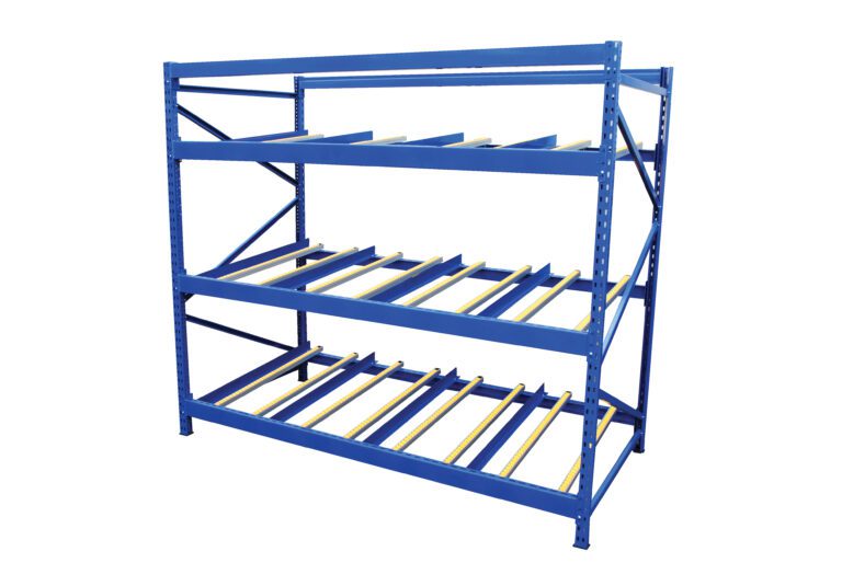 The Vestil Carton Flow Rack features a blue design with three sturdy levels and parallel yellow bars supported by metal frames, ideal for heavy-duty warehouse storage. It measures 36 inches in length.