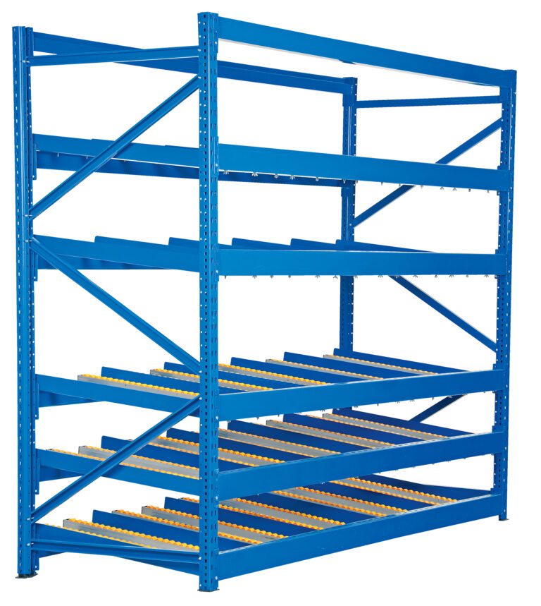 The Vestil Carton Flow Rack, a blue industrial shelving unit, features a 36-inch length and five levels with yellow roller tracks for seamless item movement and diagonal supports for enhanced stability, ideal for warehouse or storage use.