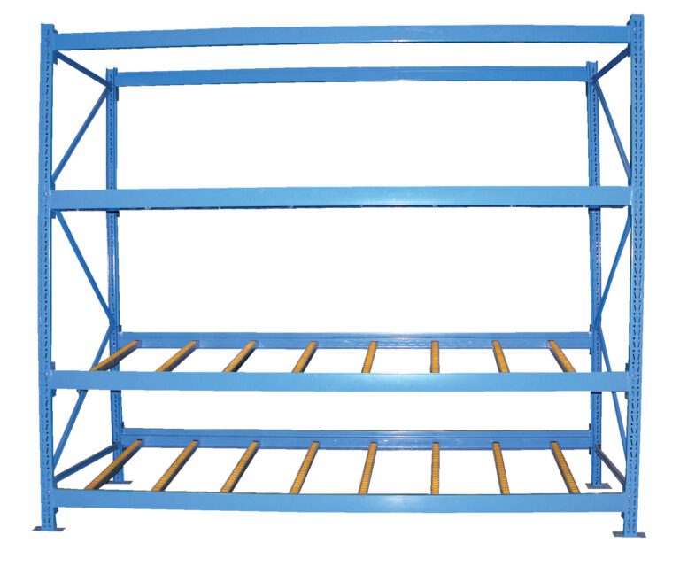 The Vestil Carton Flow Rack 48 In Length 3 Levels features a durable blue metal construction with three horizontal shelves supported by a grid of metal bars, vertical beams, and cross-supports for enhanced stability.