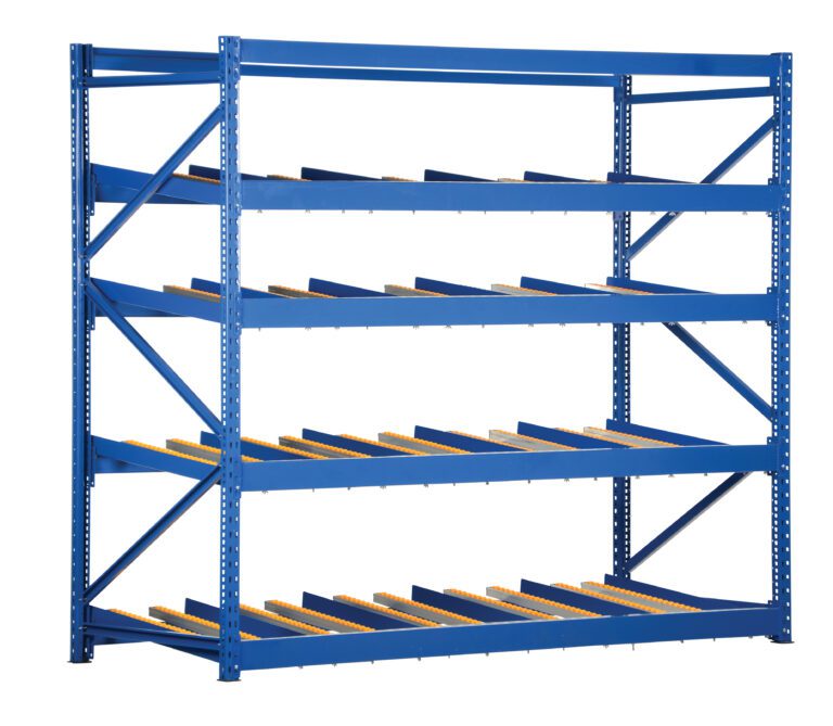 FLOW-4-4_A.jpg The Vestil Carton Flow Rack 48 In Length 4 Levels is a sturdy blue shelving unit equipped with yellow rollers for easy sliding of items. It measures 48 inches and has four slanted levels, enhancing accessibility, making it perfect for warehouse or storage use.