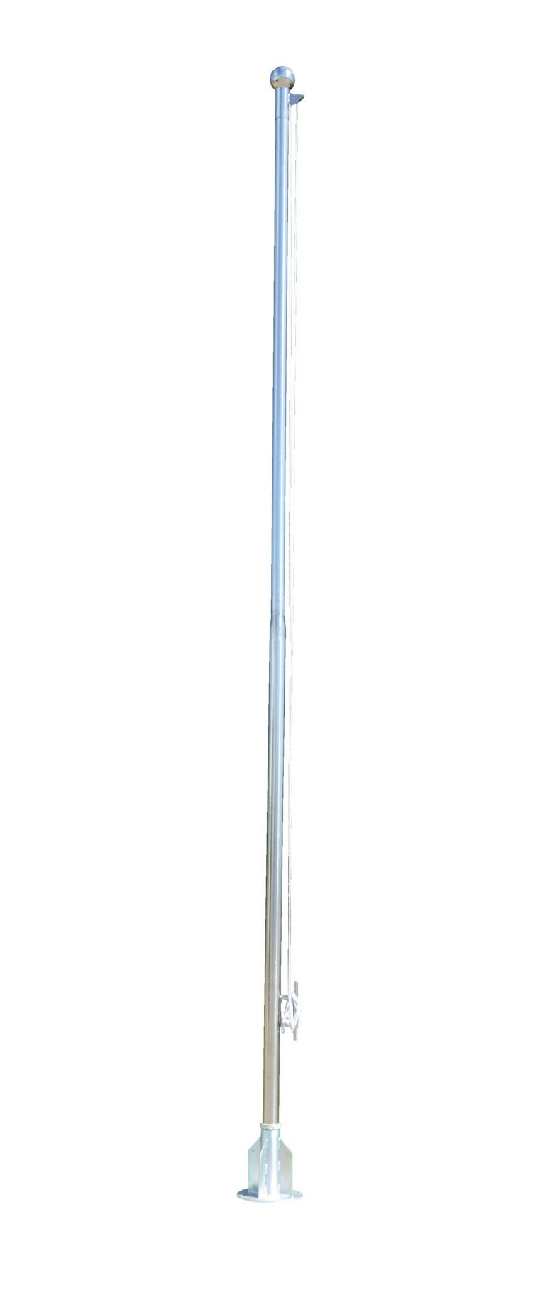 The Vestil Stainless Steel Flagpole boasts a sleek, metallic finish and stands 20 ft tall, featuring a top pulley and sturdy base against a white backdrop.