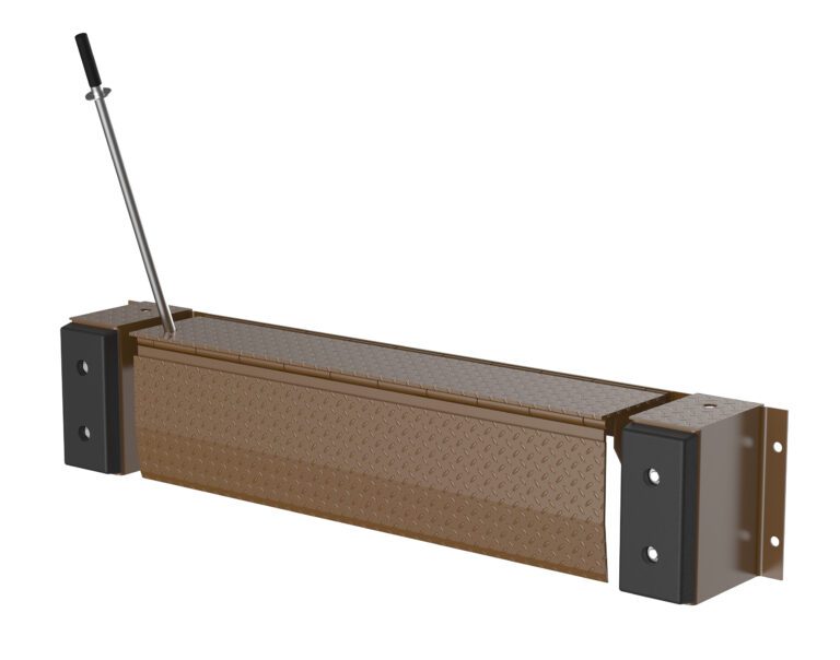The Vestil Mechanical Edge-O-Docklevelers 20K 66 In features a diamond-patterned surface, a protruding metal lever on one side, and is predominantly brown with black side supports and installation brackets.