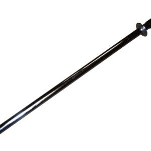 A shiny, chrome-colored barbell lies diagonally on a white background, mirroring the precision of the 41.5 In Vestil Docklevel Option Actuate Handle, with its smooth cylindrical shape, knurled grip section, and a wider sleeve for weight plates on one end.