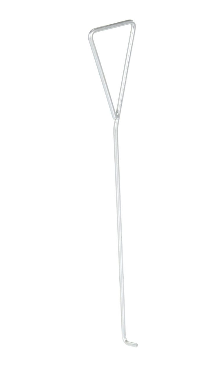 The Vestil Dockleveler Option Pulling Hook is a long, slender metal tool with a triangular handle and small hook, ideal for pulling or manipulating items in grills or similar applications.