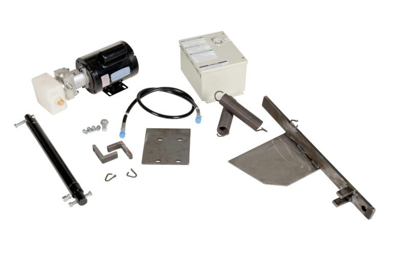 A display of various mechanical components, including a Vestil Conversion Kit-Fm-Pe Edge-O-Dockleveler, motor, control box, hydraulic cylinder, springs, brackets, and cables all arranged on a white background.