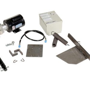 A display of various mechanical components, including a Vestil Conversion Kit-Fm-Pe Edge-O-Dockleveler, motor, control box, hydraulic cylinder, springs, brackets, and cables all arranged on a white background.