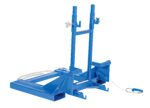The blue tire holder features an adjustable frame, metal chain, and cable with wingnut fasteners and a secure base for stabilizing tires during transport or storage, making it ideal for use with the Vestil Fork Mount Trash Can Dumper 1K Capacity to enhance workspace management efficiently.