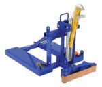 The Vestil Eagle Beak Drum Lifter One Drum Belt Saddle features a blue metal frame with a yellow handle and brown base, perfect for lifting or securing tasks. It includes levers, hinges, and a rectangular platform, designed to easily manage one drum.