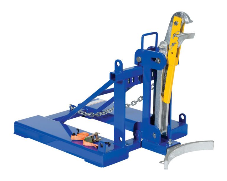 FMDL-1_A.jpg The Vestil Automatic Eagle Beak 1 Drum Lifter 1K is a blue lifter with a yellow lever, metal chains, and a securing strap. It efficiently grips and lifts heavy objects with its sturdy metal frame and stable base for optimal performance.