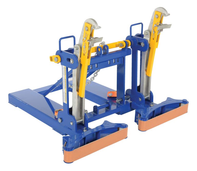 FMDL-2-LDS-B1_A.jpg Introducing the Vestil Eagle Beak Drum Lifter, a heavy-duty blue and yellow clamp crafted for handling metal sheets and plates. It features two gripping jaws, a sturdy frame, and adjustable components for secure attachment.