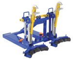 The Vestil Eagle Beak Drum Lifter Two Drum 3 Saddle Roller, in blue and yellow, features adjustable arms and caster wheels ideal for transporting barrels. Its multiple locking mechanisms ensure easy mobility while efficiently handling up to two drums.