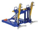 The Vestil Automatic Eagle Beak 2 Drum Lifter 2K is a blue and yellow metal forklift attachment with two securing clamps and adjustable mechanisms, designed for industrial use to expertly handle cylindrical drums safely with its robust construction.