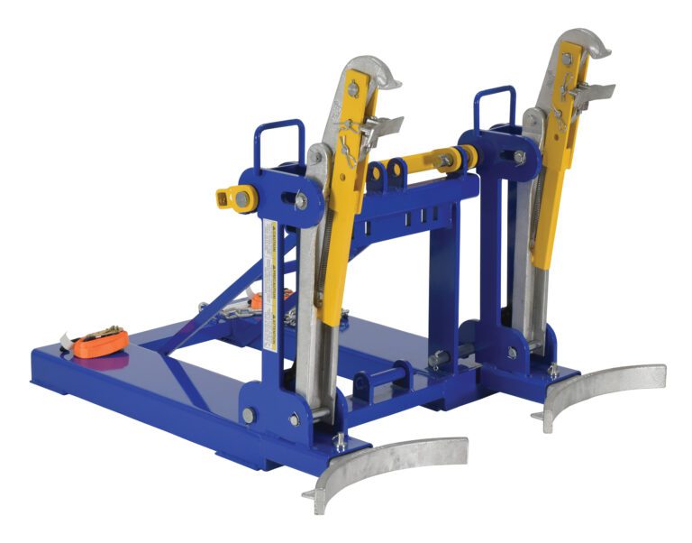 FMDL-2_A.jpg The Vestil Automatic Eagle Beak 2 Drum Lifter 2K is a blue and yellow metal forklift attachment with two securing clamps and adjustable mechanisms, designed for industrial use to expertly handle cylindrical drums safely with its robust construction.
