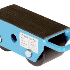 The Vestil Fixed Machinery Skate in blue offers a 2.5-ton capacity, features two black wheels, a textured top, and includes a handle for easy maneuvering. It has a side label with specifications and is part of the Vestil Fixed Machinery Skates collection.