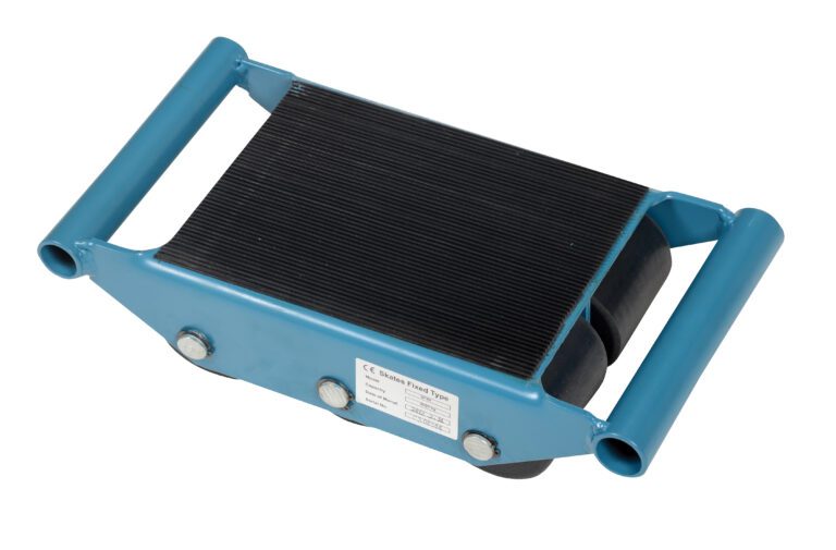 FMS-6_A.jpg The Vestil Fixed Machinery Skates 6 Ton Capacity have a blue rectangular platform with cylindrical handles at both ends, multiple wheels for easy movement, and a specification label on the side.