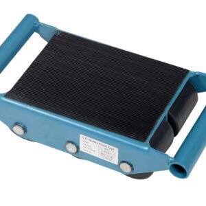 The Vestil Fixed Machinery Skates 6 Ton Capacity have a blue rectangular platform with cylindrical handles at both ends, multiple wheels for easy movement, and a specification label on the side.