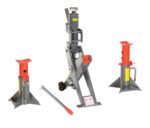 A tall, adjustable Vestil Manual Hydraulic Jack 15K Capacity takes center stage, flanked by two smaller jack stands with red tops and accompanied by a detachable handle in front.