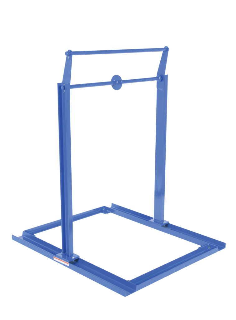 The Vestil Extension Storage Rack, 46L x 40W x 54H, is a blue metal stand with a rectangular base and dual vertical supports, featuring a top hinged horizontal bar ideal for industrial or mechanical item support.